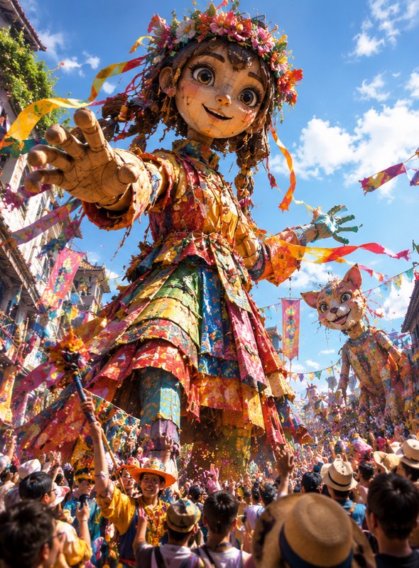 Giant whimsical girl puppet reaches out to cheering festival crowds alongside a cat puppet under ...