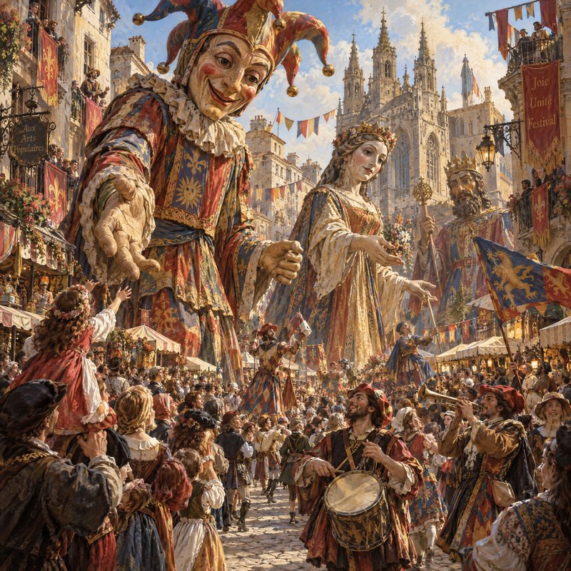 Giant costumed pageant figures lead a lively medieval festival parade through a sunlit cobbleston...