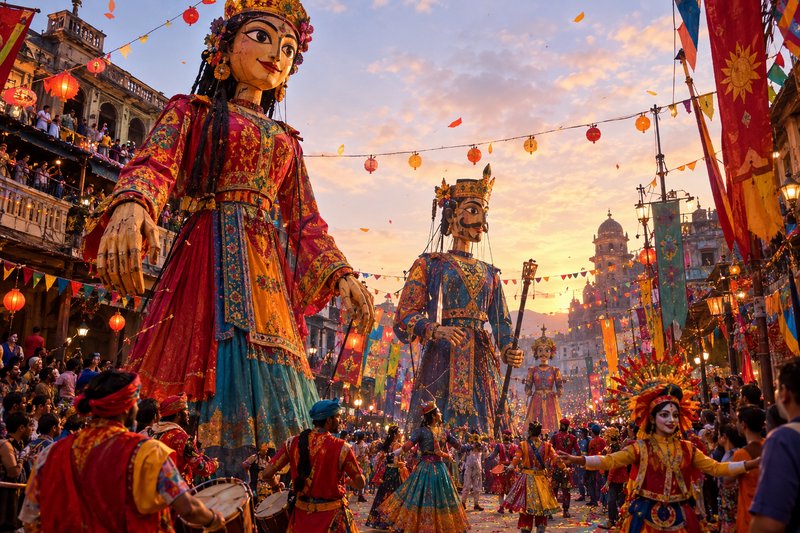 Giant ornate traditional puppets lead a vibrant cultural parade through a crowded historic Indian...
