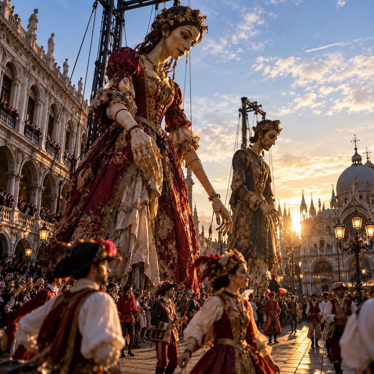 Giant ornate renaissance marionettes tower over a Venice Carnival parade at golden sunset
