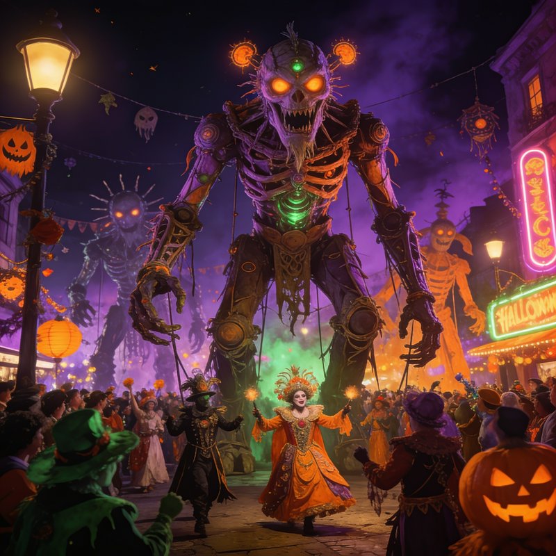 Giant glowing skeletal parade puppets tower over costumed revelers at a night Halloween street fe...