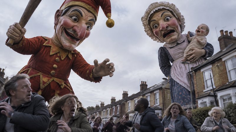 Giant Mr. Punch and Judy parade puppets loom over shocked onlookers on a residential terraced street