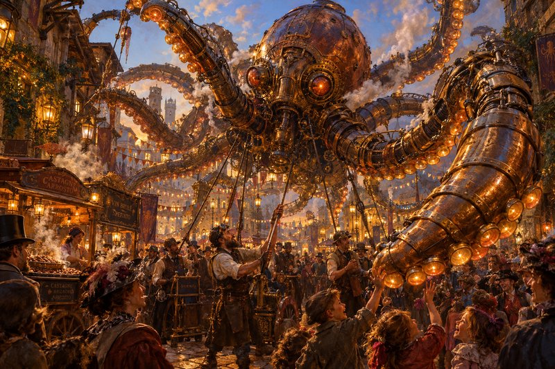 Giant brass steampunk mechanical octopus floats above a cheering crowd in a busy sunset festival ...
