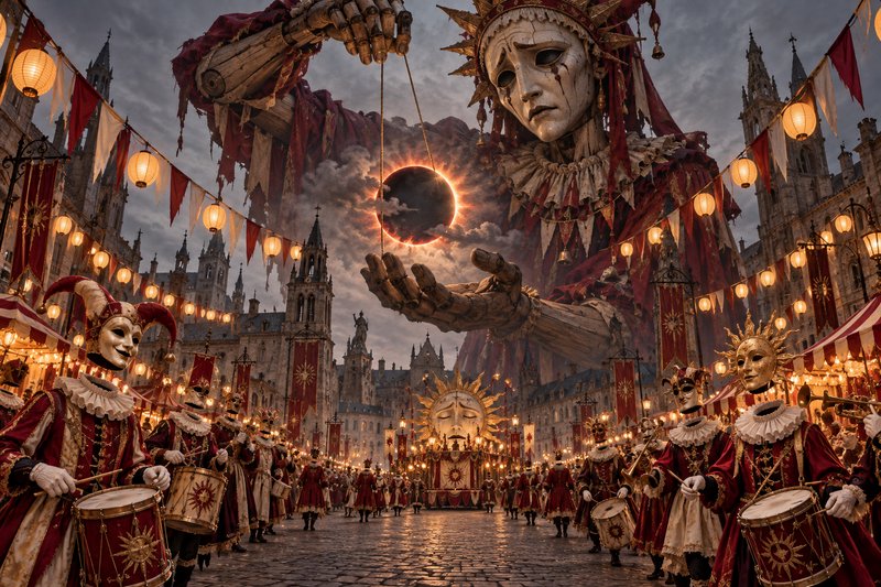 Giant sorrowful wooden marionette holds a solar eclipse above a masquerade carnival parade in a m...