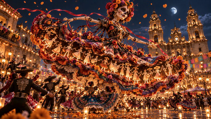 Towering La Catrina skeleton dancer spins during a lively Day of the Dead festival in a city plaz...