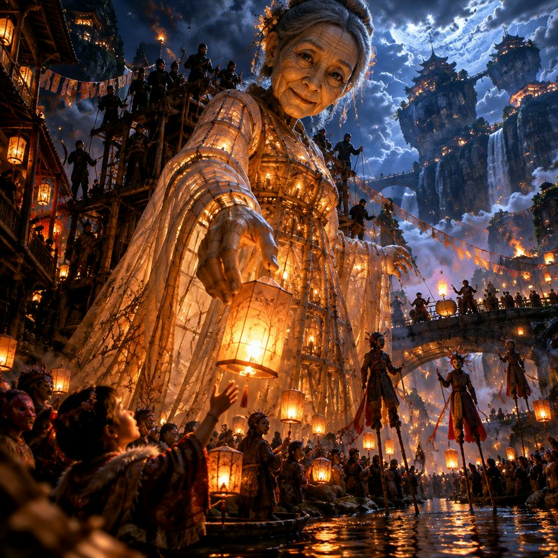 Giant glowing elderly woman puppet offers a paper lantern to a child at a magical riverside night...