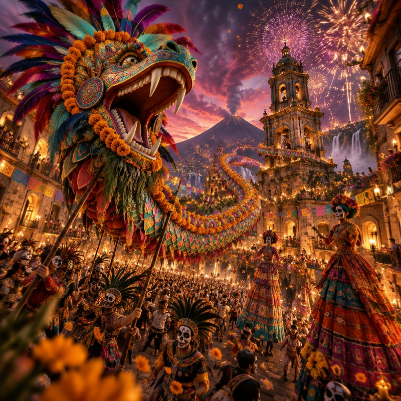 Giant feathered Quetzalcoatl float leads a festive Day of the Dead parade under bursting sunset f...