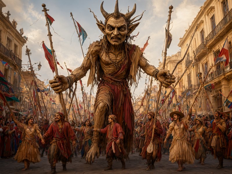 Tall horned demon effigy is paraded by costumed festival revelers down a historic cobblestone cit...