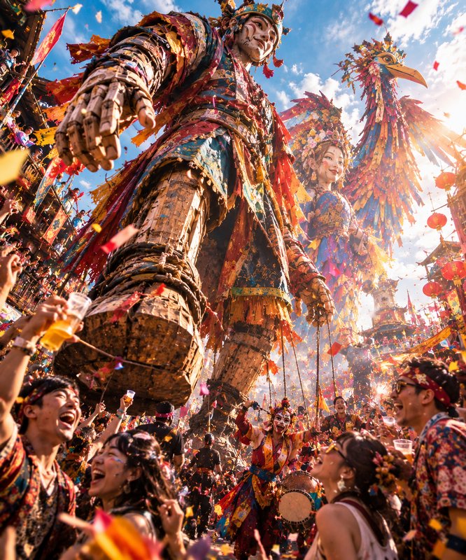 Giant ornate parade puppets tower over cheering crowds at a vibrant sunny cultural street festival