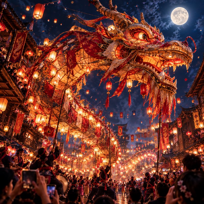 Giant glowing Chinese dragon lantern is paraded through a traditional street at a night lantern f...