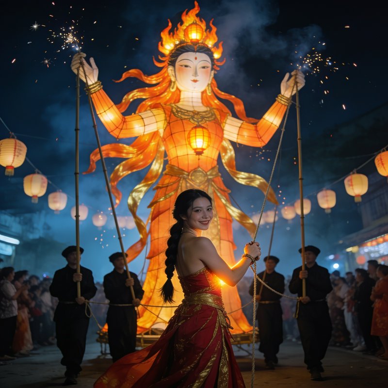 Smiling woman leads a night lantern parade with a towering illuminated East Asian goddess lantern