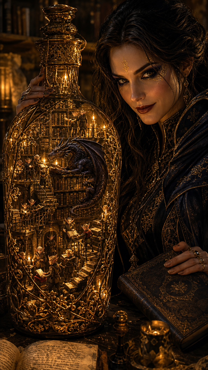 Mysterious robed sorceress beside an ornate gilded bottle holding a tiny candlelit magical library with elves and a small