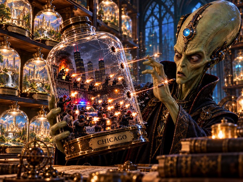 Steampunk alien examines a bullet-ridden glass jar holding a miniature chaotic Chicago battle diorama
