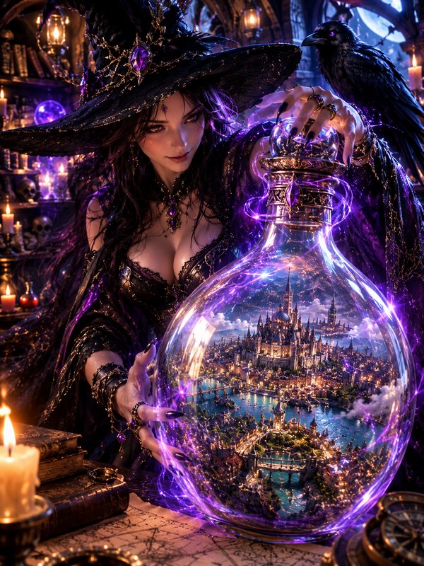 Ornate dark witch conjures purple magic around a potion bottle holding a tiny glowing fantasy cit...