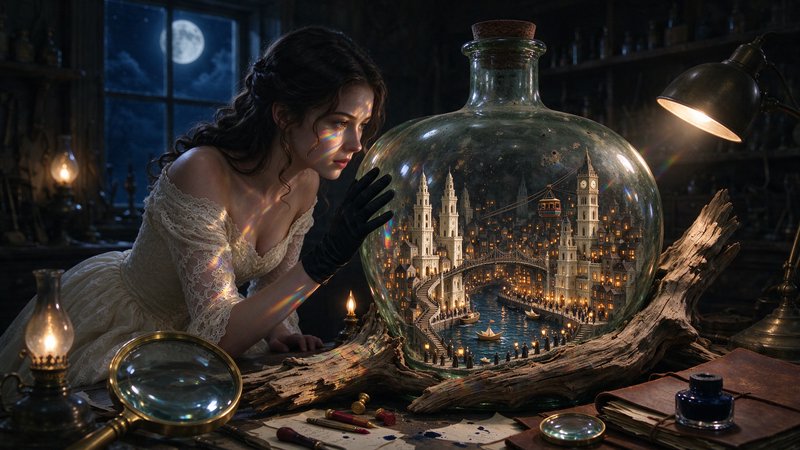 Victorian woman leaning over a desk observes an illuminated miniature fantasy city inside a large...