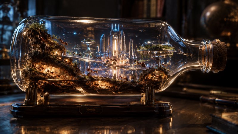 Futuristic glowing city and ant colony built inside a decorative sealed glass bottle display