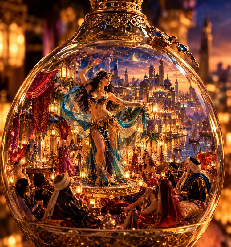 Ornate gilded glass orb containing a miniature Arabian nights scene centered on a dancing bejewel...