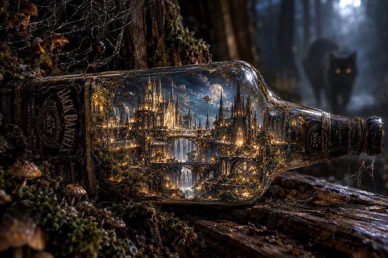 Glowing gothic fantasy city trapped inside a glass bottle resting on a mossy misty forest log