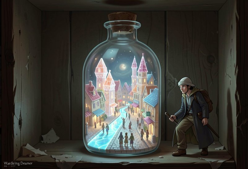 Tiny traveler standing beside a glowing miniature medieval town sealed inside a corked glass bott...