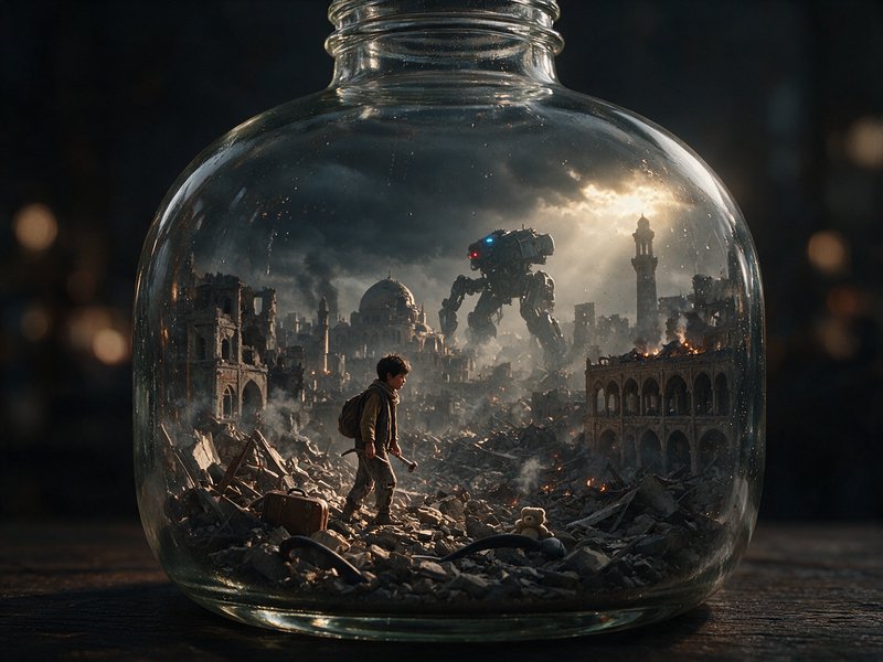 Miniature diorama inside a glass jar shows a child survivor and giant mech in a bombed ruined city