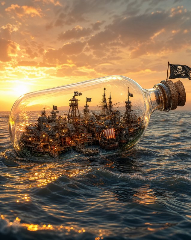 Detailed miniature pirate settlement inside a glass bottle floating on the ocean at golden sunset