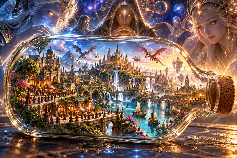 Detailed fantasy kingdom inside a glass bottle observed by glowing celestial magical beings