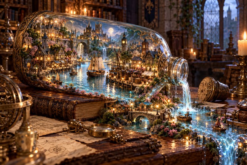 Intricate fantasy port city diorama spills from an ornate glass bottle onto a vintage wizard's desk