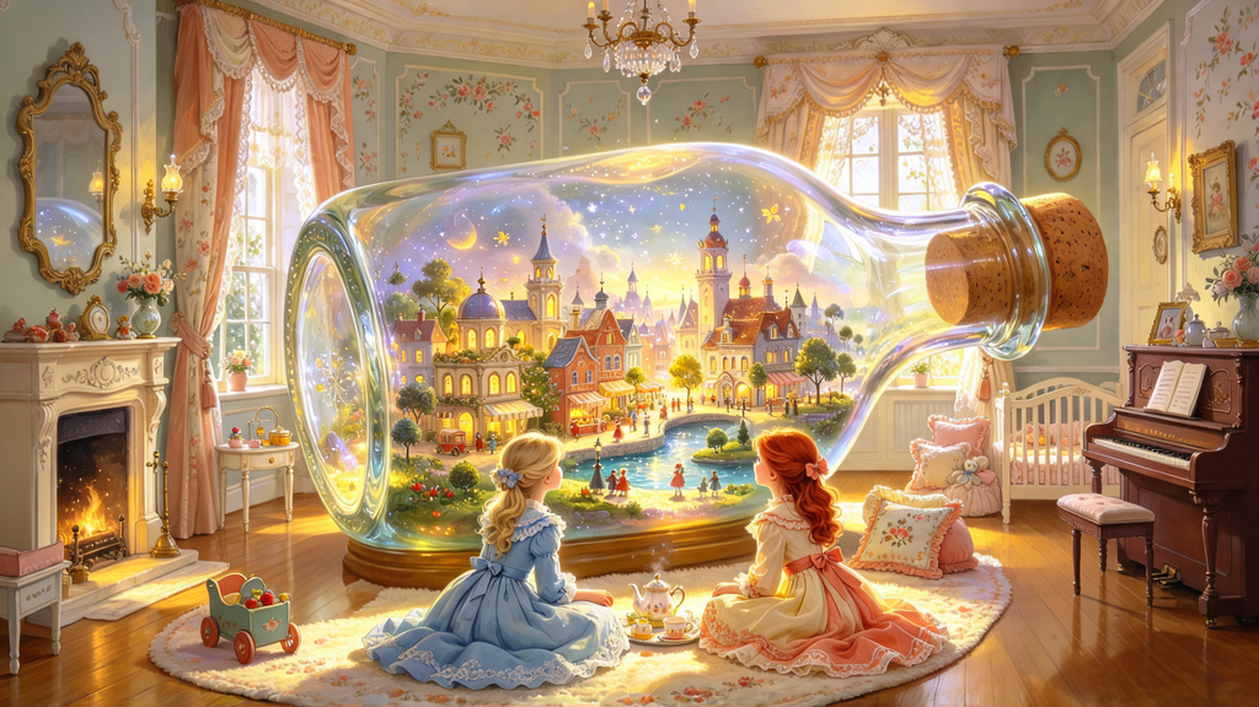 Two young girls sit on a nursery rug gazing at a glowing fairytale city inside a giant glass bottle