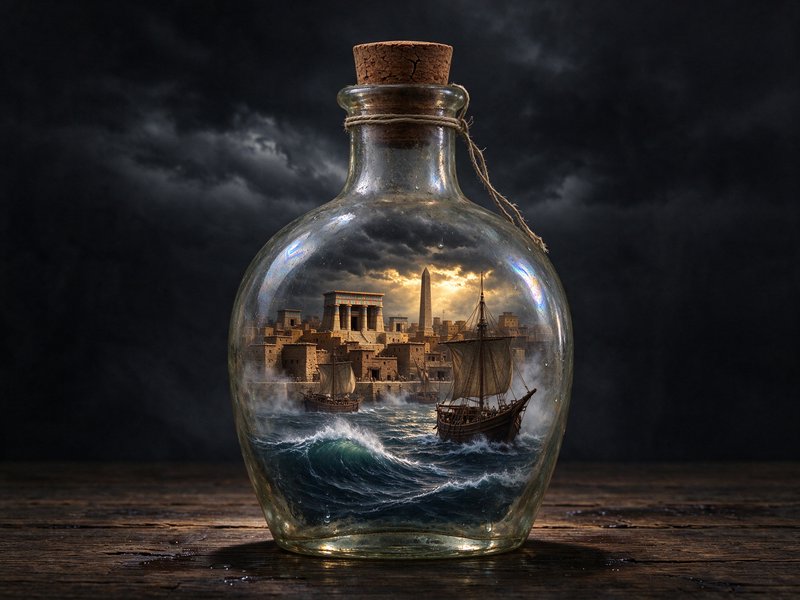Miniature ancient port city with sailing ships and stormy waves trapped inside a corked glass bot...
