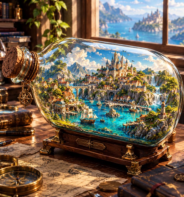 Intricate miniature fantasy coastal kingdom diorama inside a large corked glass bottle on an expl...