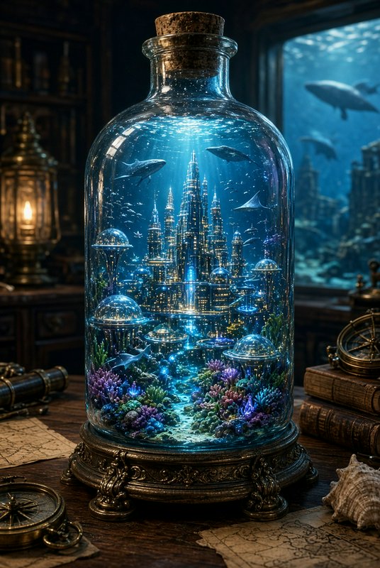 Corked glass bottle holding a miniature glowing underwater city sits on an antique nautical explo...