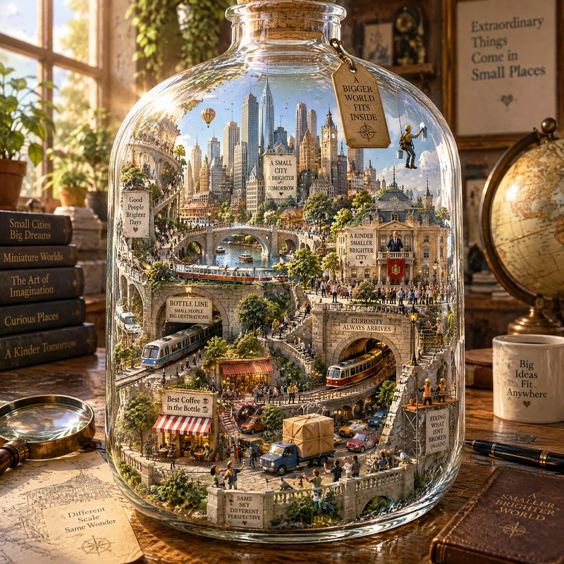 Intricate bustling miniature city diorama contained inside a large clear glass bottle on a sunlit...