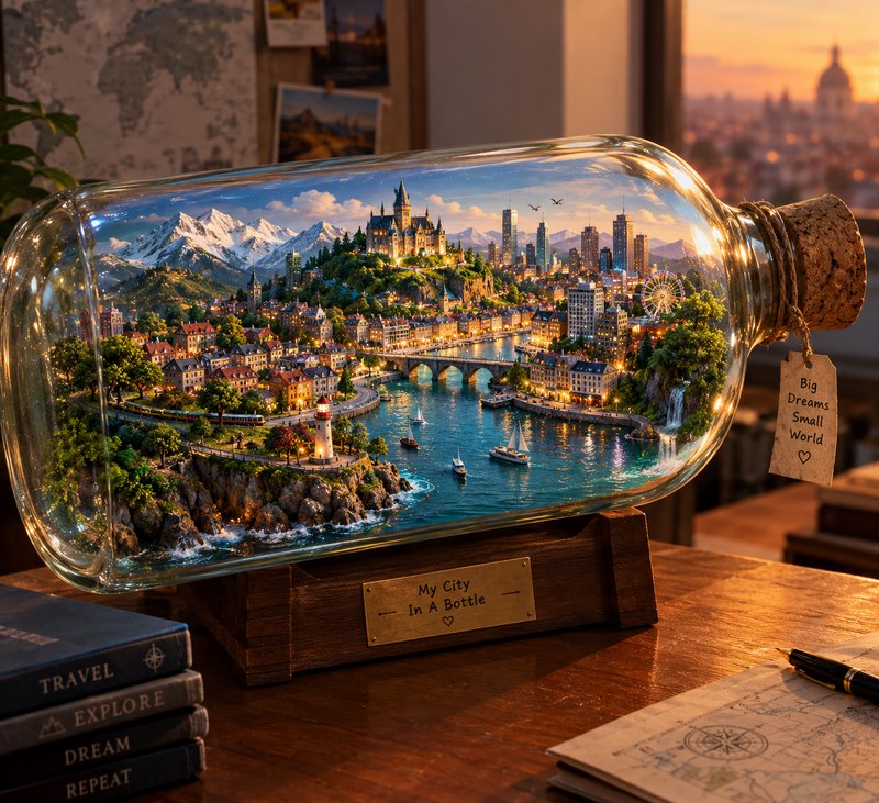Intricate detailed miniature fantasy city diorama displayed inside a large glass bottle on a wood...