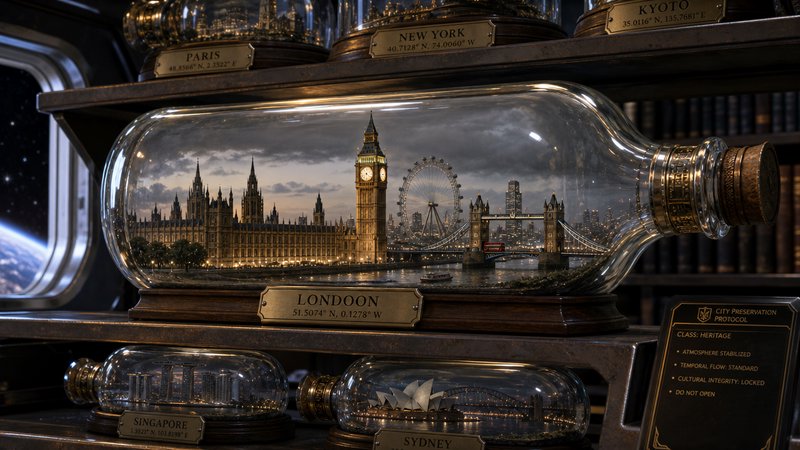 Intricate miniature London cityscape encased inside a large glass display bottle alongside other ...