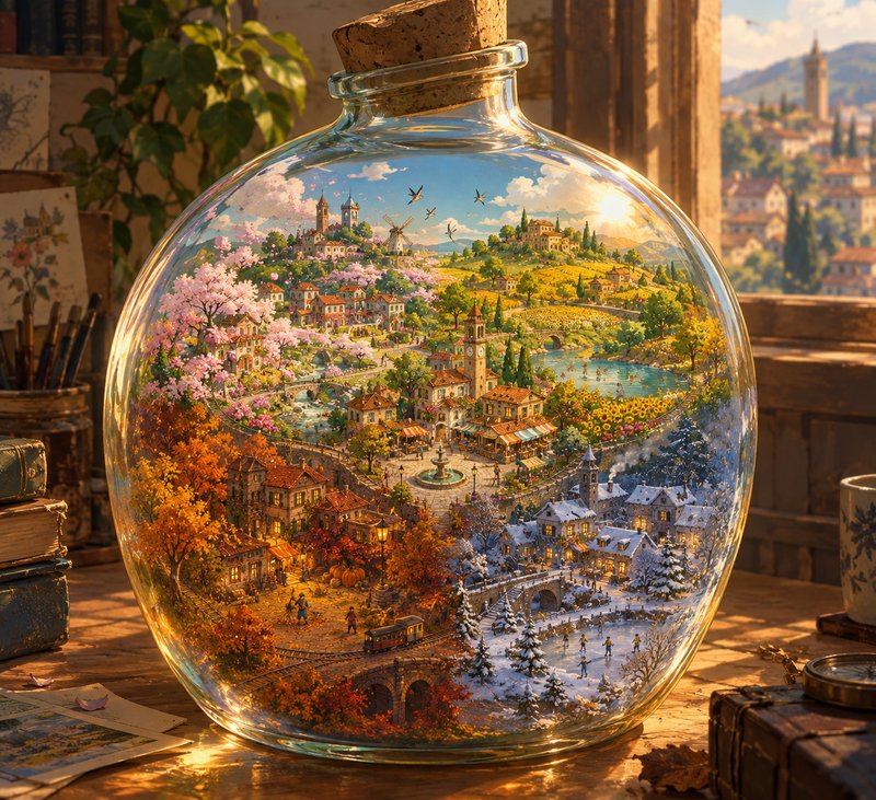 Large corked glass jar holding a detailed four-season miniature fairytale village scene