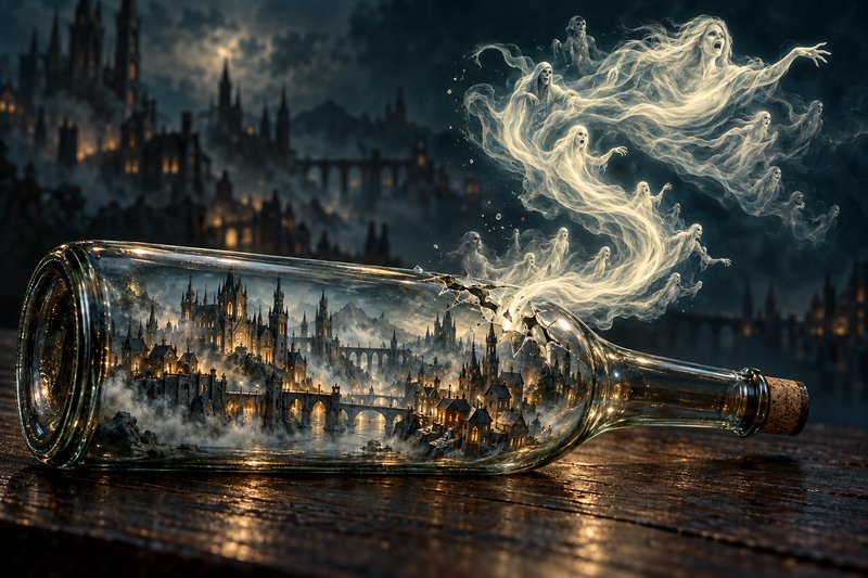 Wispy ghostly spirits escape a cracked glass bottle holding a miniature glowing gothic fantasy city