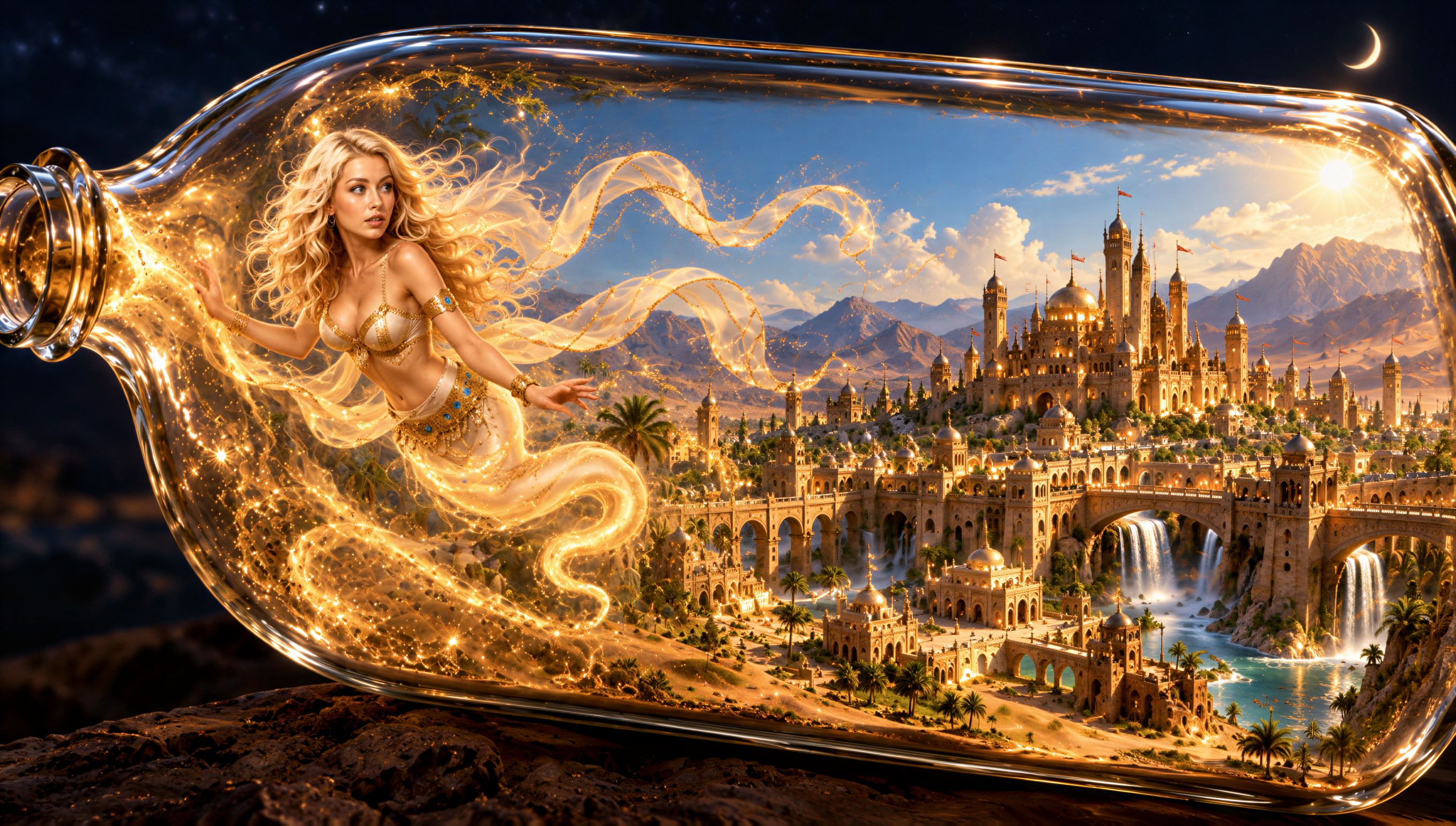 A glowing blonde genie rests beside a sunlit Arabian fantasy kingdom contained entirely inside a large glass bottle