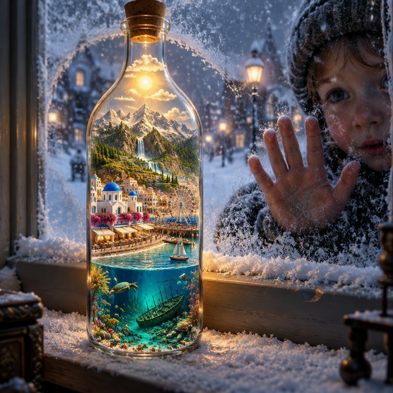 Wide-eyed child presses a frosty snowy window gazing at a magical miniature world inside a glass ...
