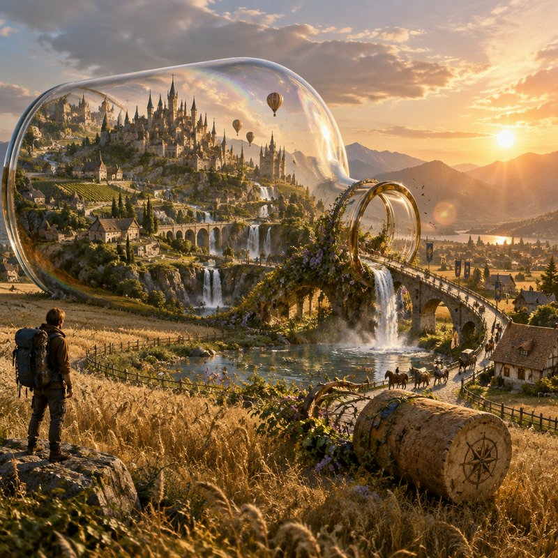 Hiker stands in a golden wheat field gazing at a giant glass bottle holding a full fantasy kingdo...