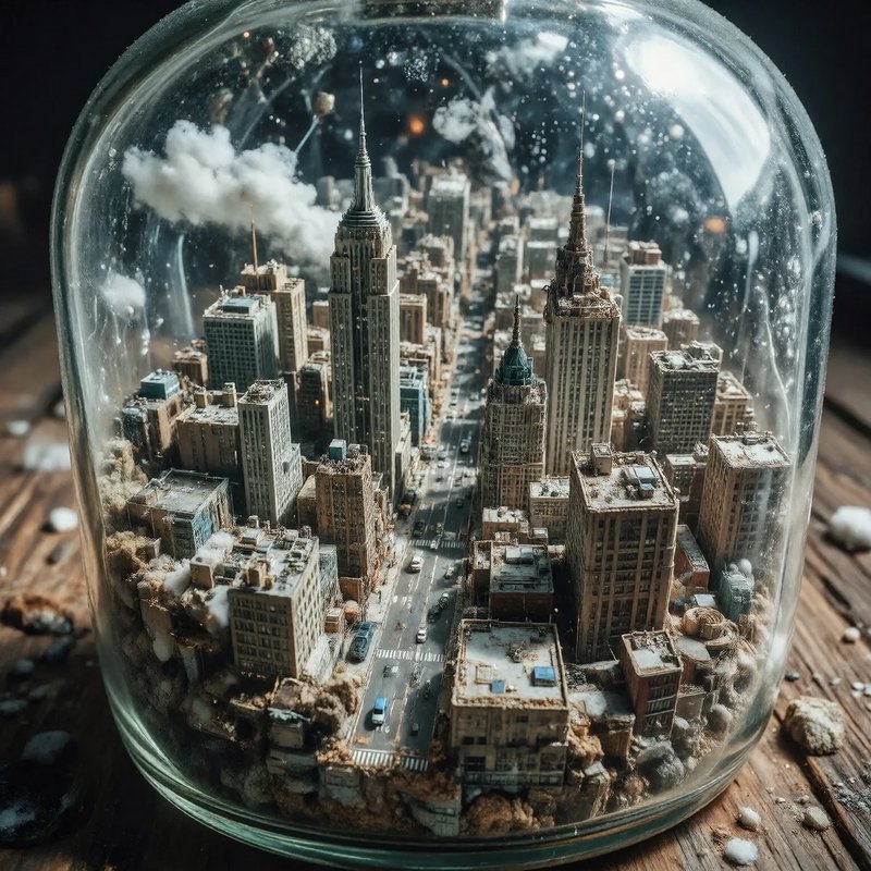 Intricate miniature New York cityscape diorama enclosed inside a clear glass bell jar