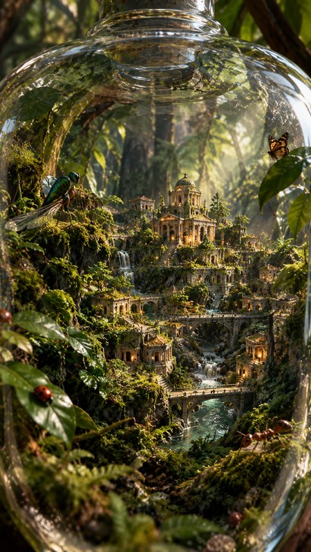 Intricate miniature fantasy ancient city built inside a mossy glass terrarium jar in a sunlit forest