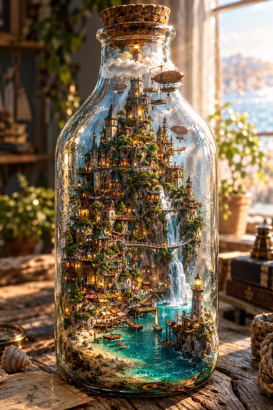 Intricate miniature fantasy steampunk city with waterfalls, airships and a port inside a corked g...
