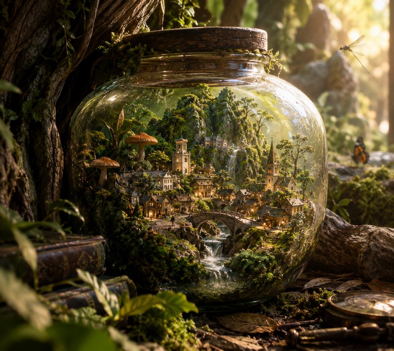 Glass terrarium holding a tiny detailed fairy tale village rests on a sunlit forest floor