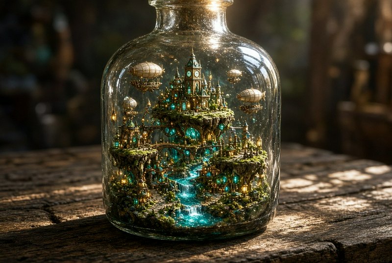 Intricate steampunk floating city with tiny airships encased inside a clear glass jar on a rustic...