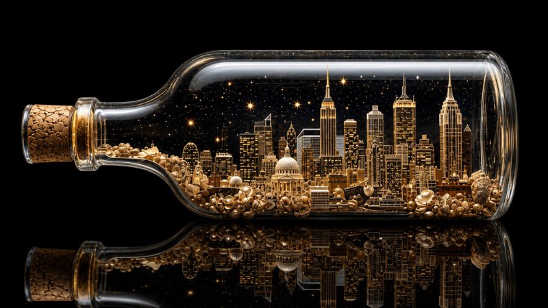 Intricate golden miniature city skyline sealed inside a corked glass bottle with a reflective bla...