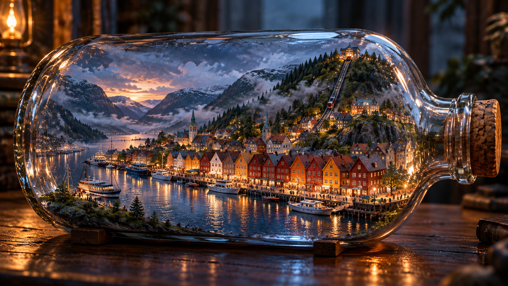 Intricate miniature Nordic fjord town diorama inside a clear corked glass bottle on a wooden table
