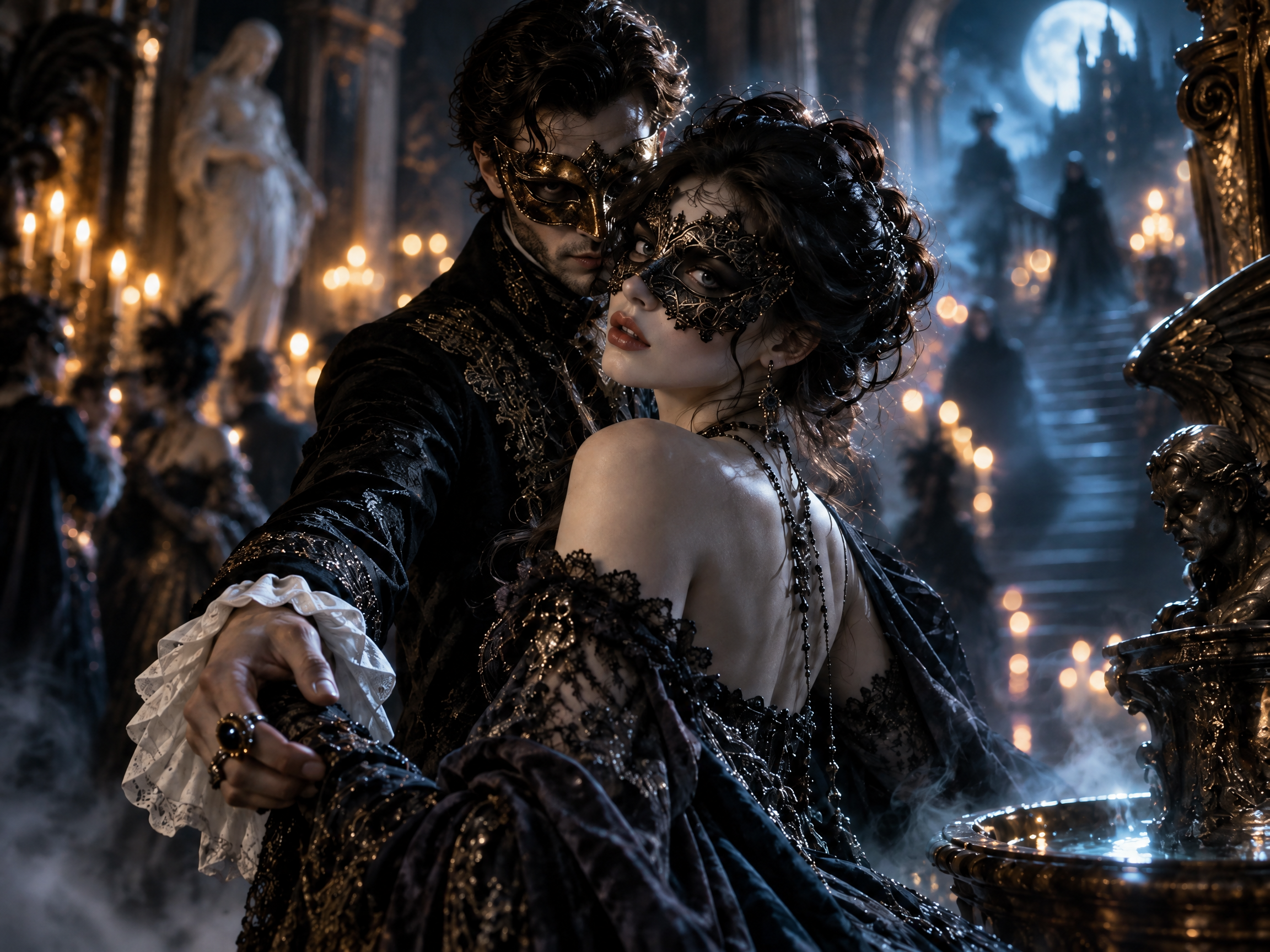 Masked couple dancing at a moody gothic masquerade ball in a candlelit grand castle hall
