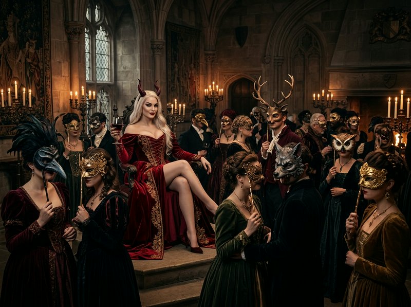 Horned queen in an embroidered red velvet gown presides over a lavish gothic masquerade ball in a...