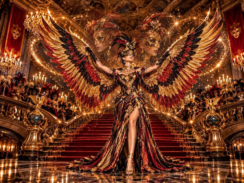 Masked masquerade performer in a winged ornate gown stands atop a grand red carpet palace staircase