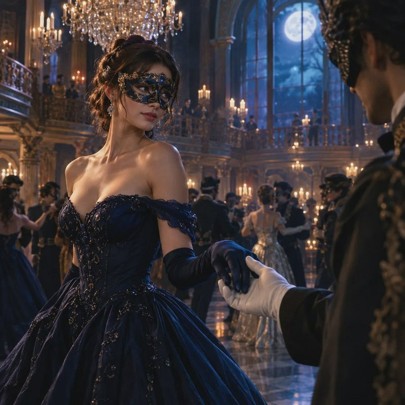 Woman in navy beaded ballgown and masquerade mask dances with a partner at a lavish moonlit palac...